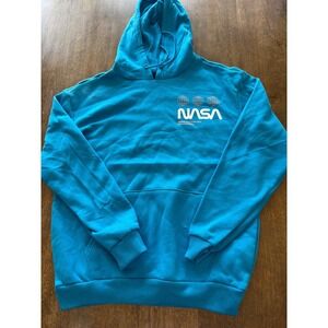Hyper Space NASA Hoodie Teal Blue Space Shuttle Graphic Sweatshirt Mens Large